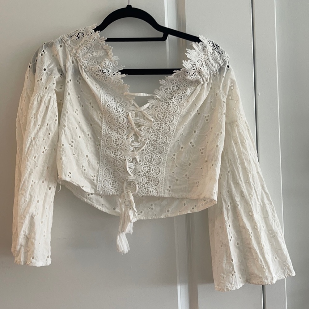 Off the shoulder white lace up top